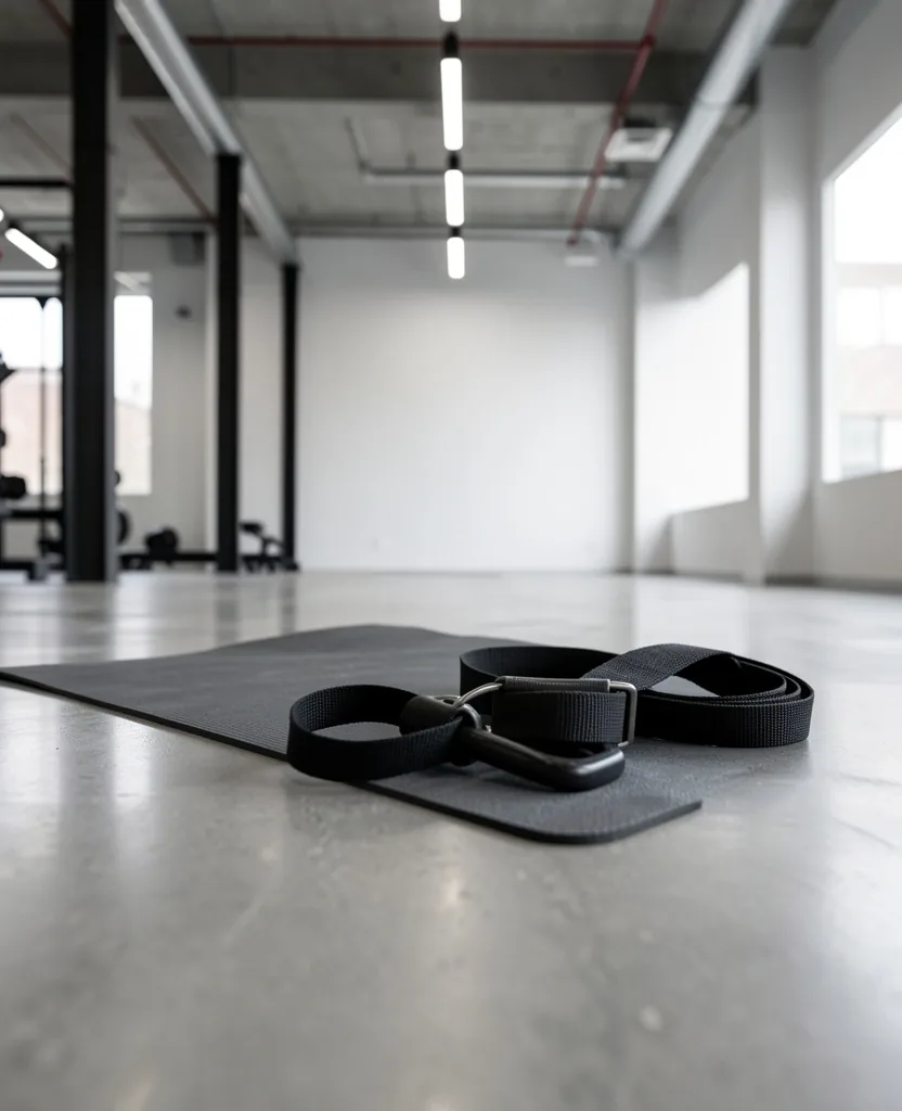 Yoga mat and resistance bands against a concrete wall