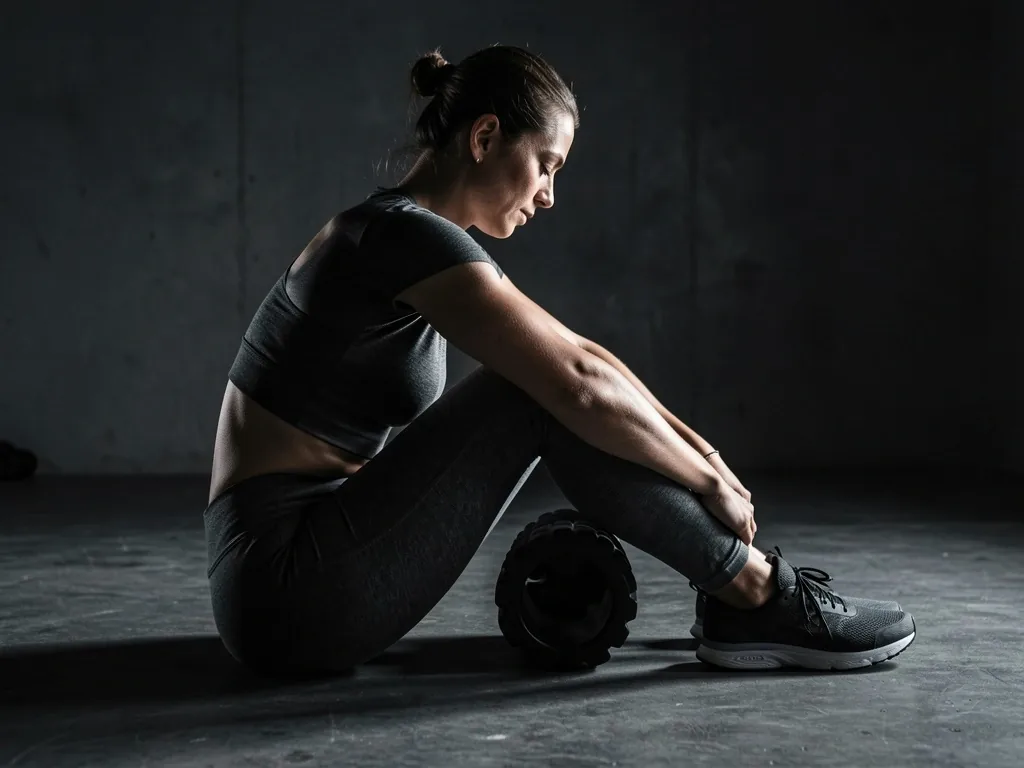Athlete rolling calf muscle with a foam roller