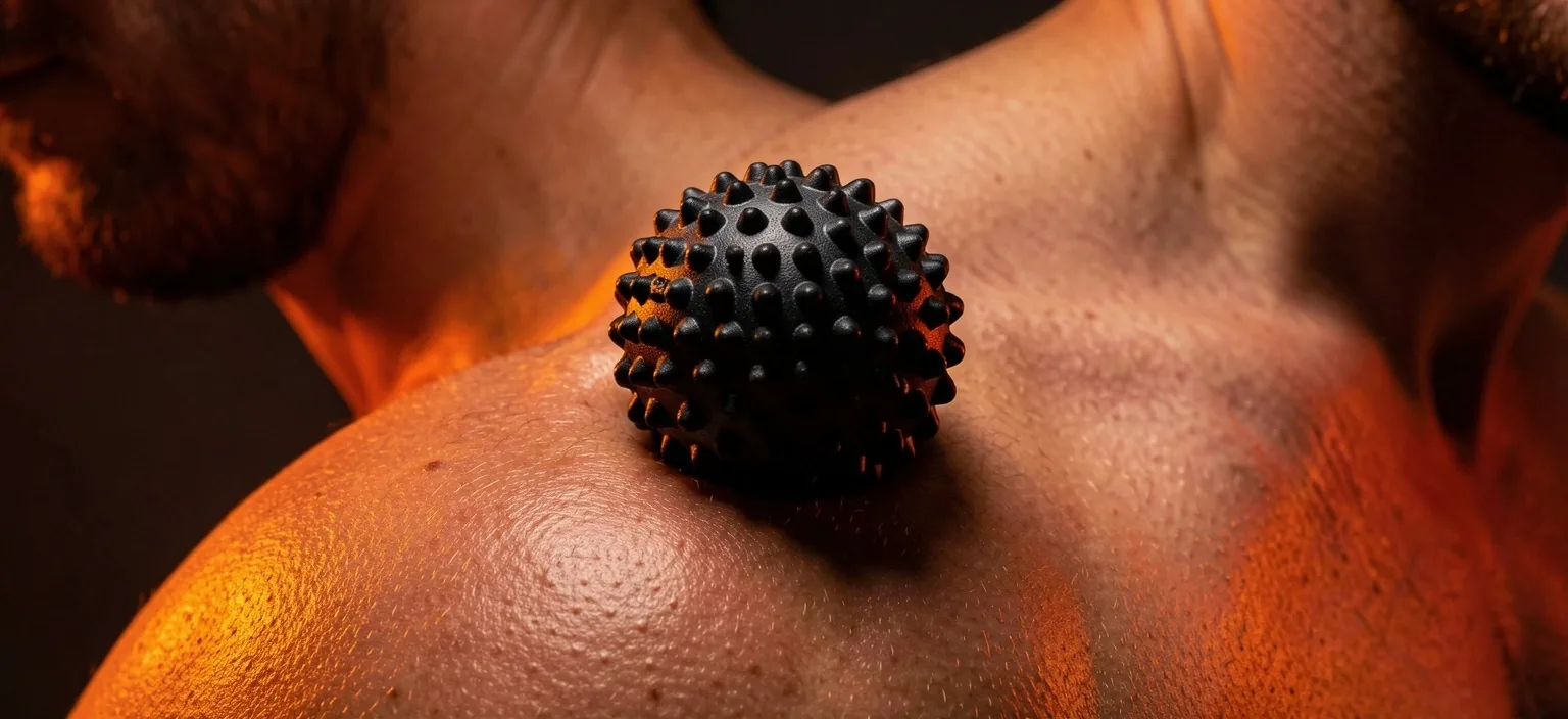 Peanut massage ball pressed into shoulder muscle