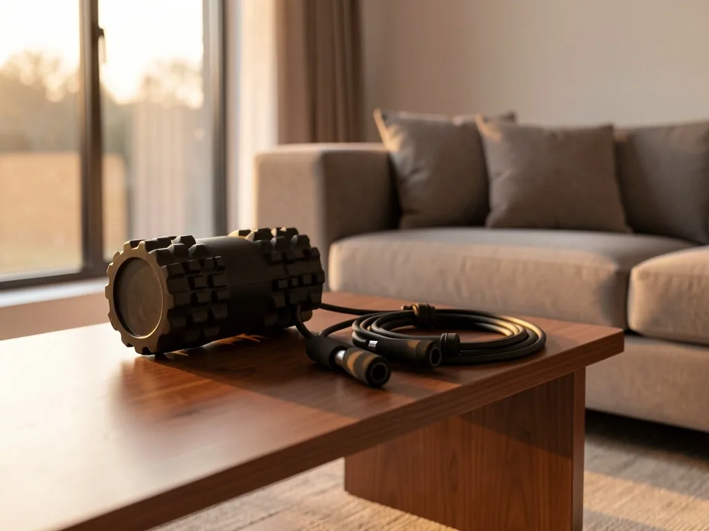 Mobility tools arranged on a bench in a home environment