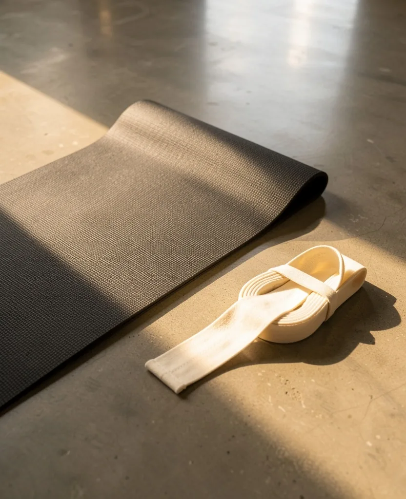 Yoga mat and stretching strap arranged on a gym floor