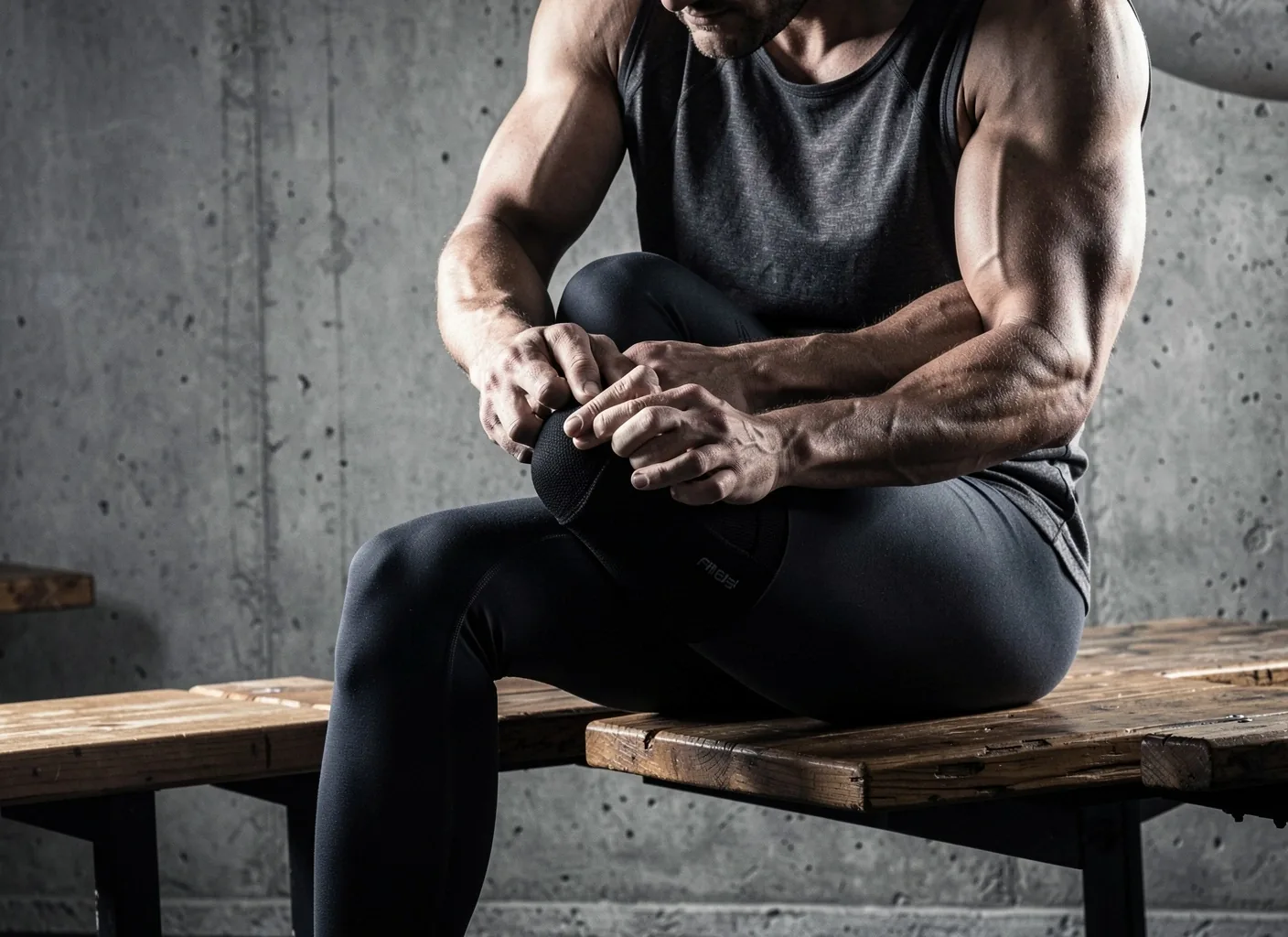 Athlete wearing a knee support sleeve on a gym bench
