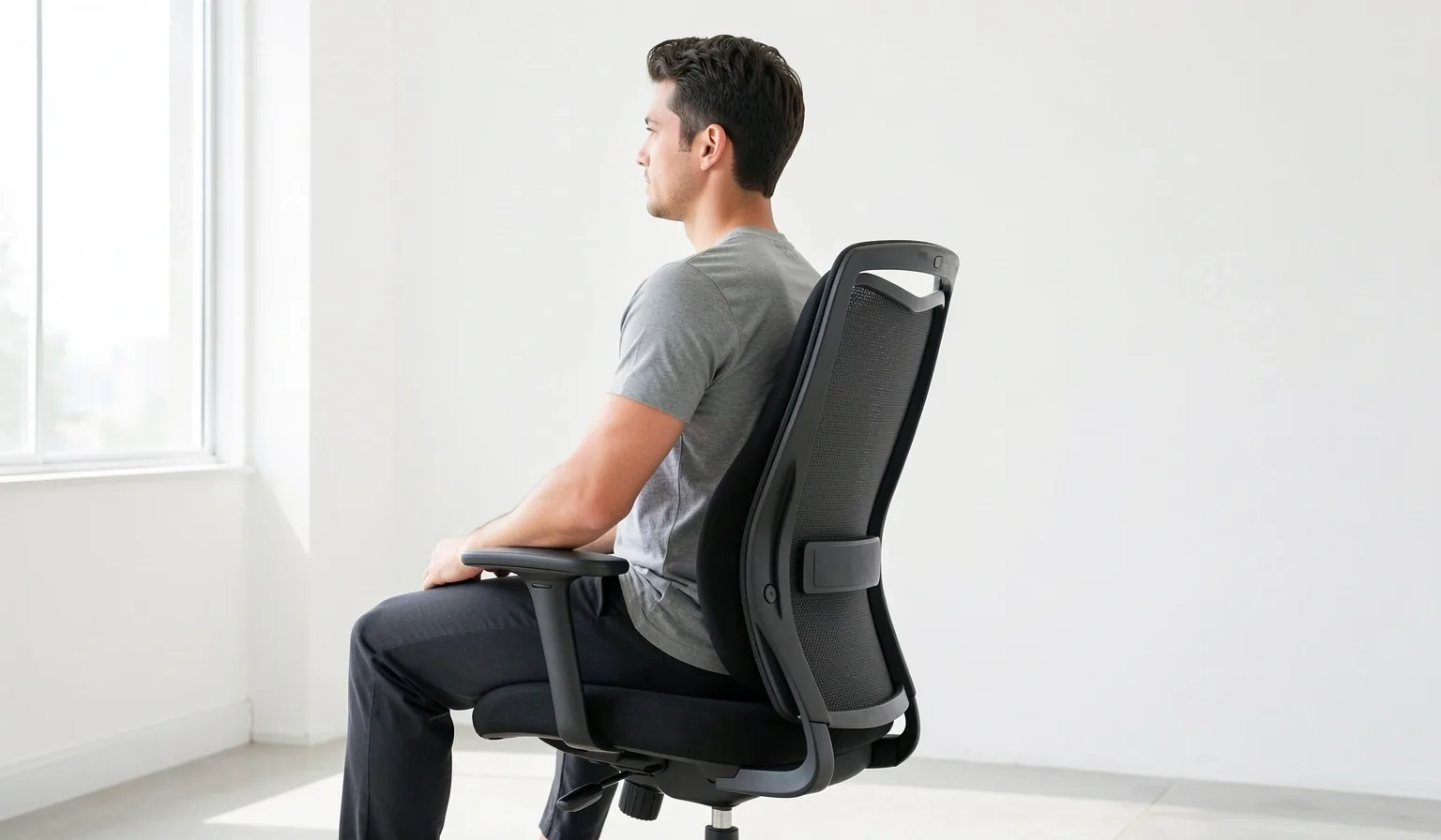 Person using a lumbar back support cushion at a desk